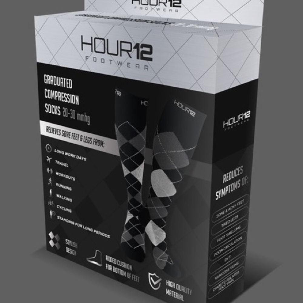 HOUR12 Footwear Compression Socks 20-30 mmhg Black/Gray Argyle Sz LARGE